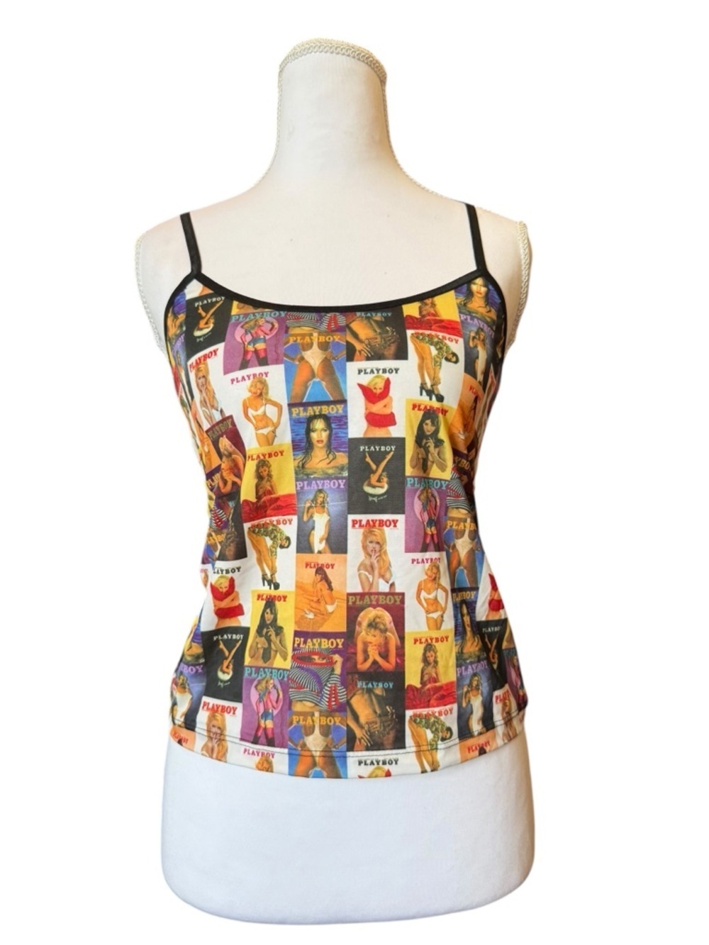 Vintage Playboy Intimates Cami Top M Y2K Graphic Collage Print Pin Up Tank USA